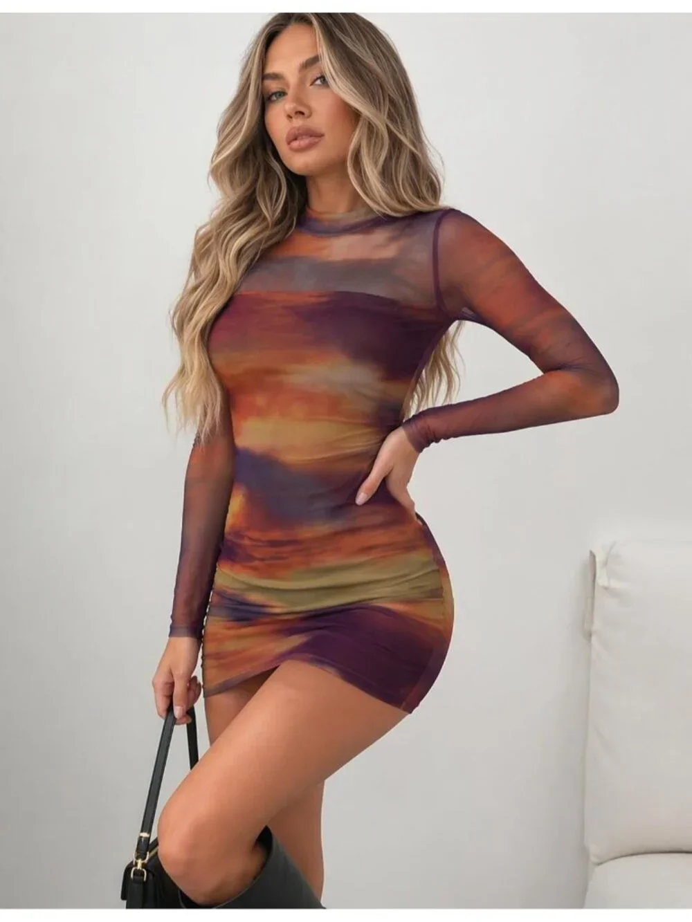 👗 Women's Brown2 Mesh Sheer Long Sleeves Dress Ruched Bodycon Mock Neck Dress